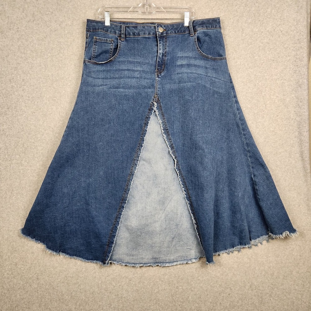 EST 1946 Denim Skirt Womens‎ 20W Blue Flare A-Line Raw Hem Frayed Panel Jean